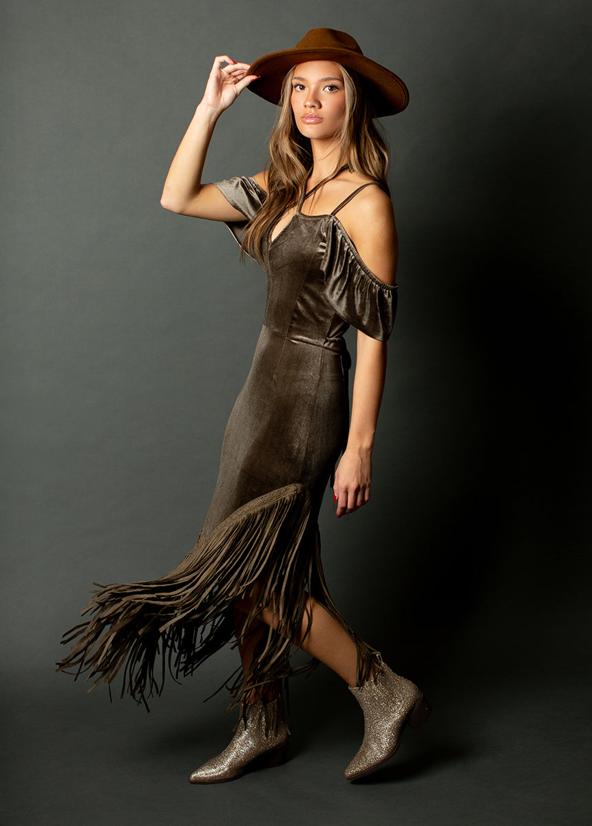 Klara Fringe Dress in Gray Green