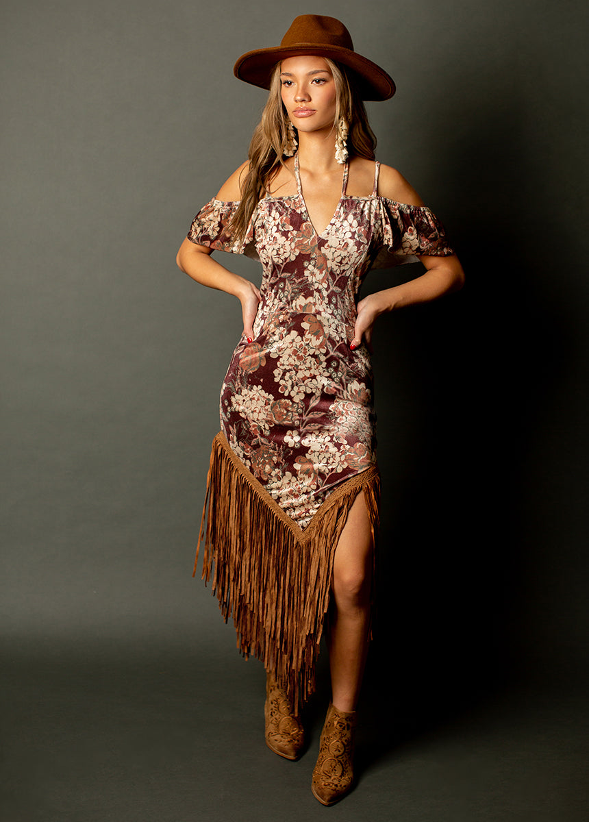 Klara Fringe Dress in Burgundy Floral
