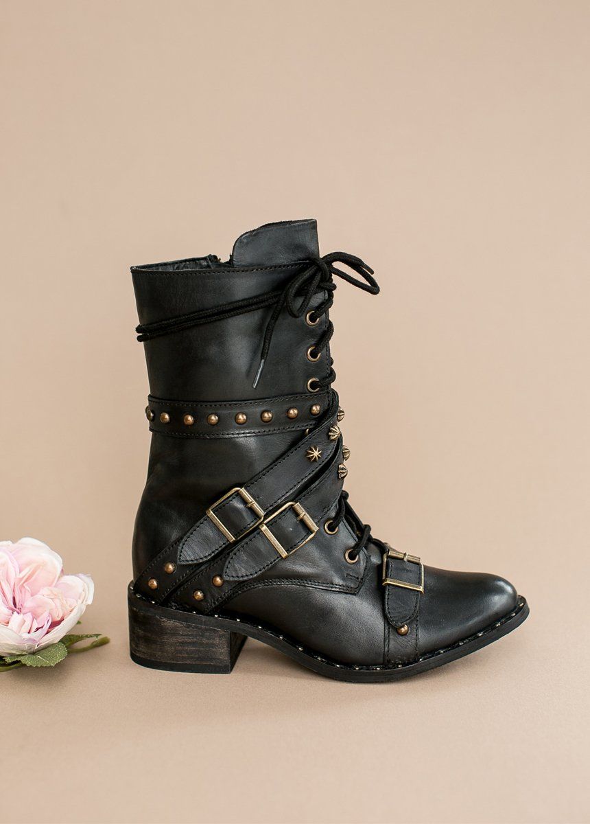 Rory Leather Combat Boot in Distressed Black