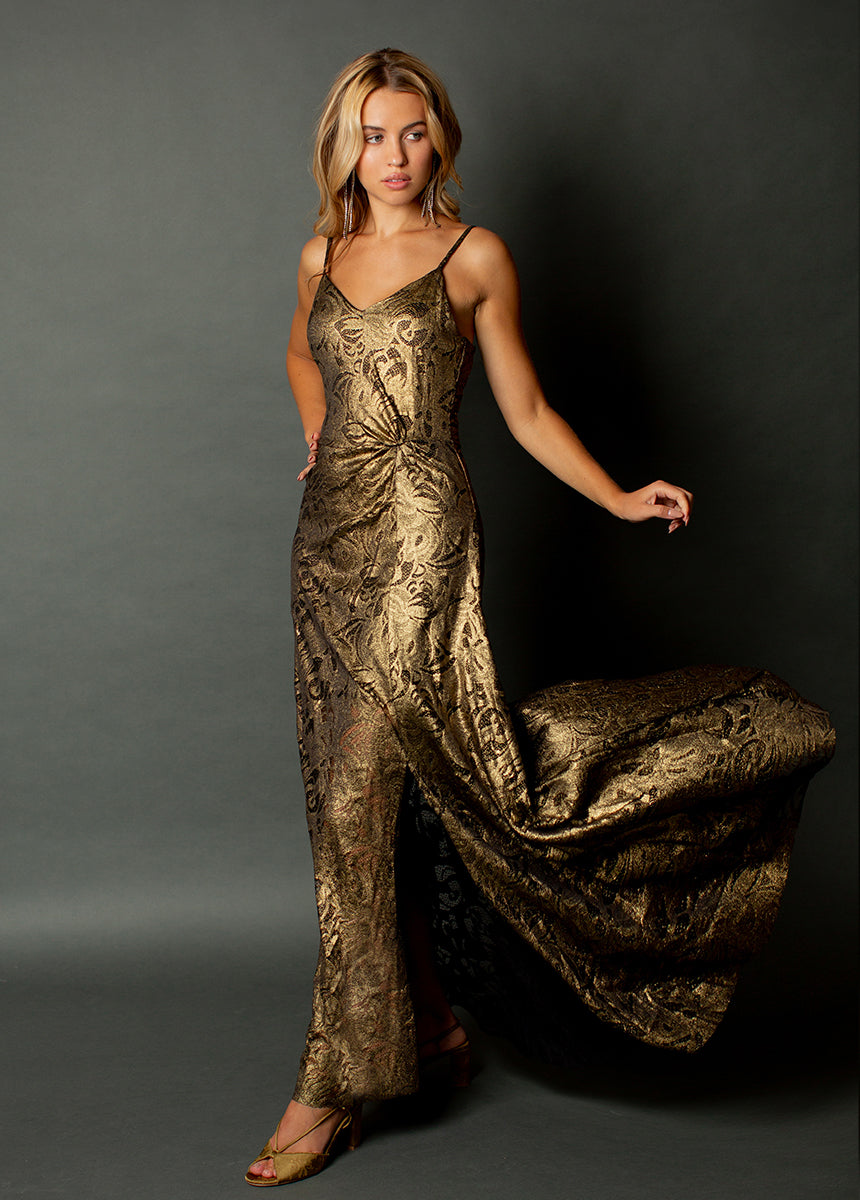 Evangeline Dress in Gold Lace