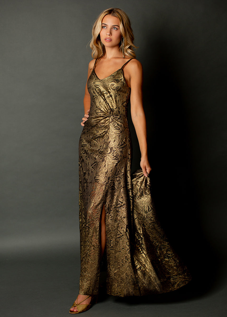 Evangeline Dress in Gold Lace