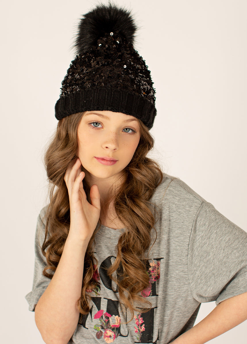 Chloe Sequins Beanie in Black
