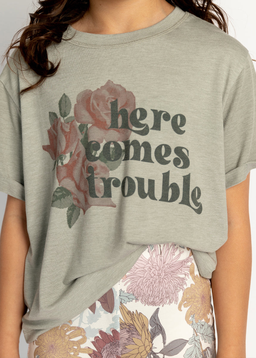 Here Comes Trouble Tee in Olive Ash