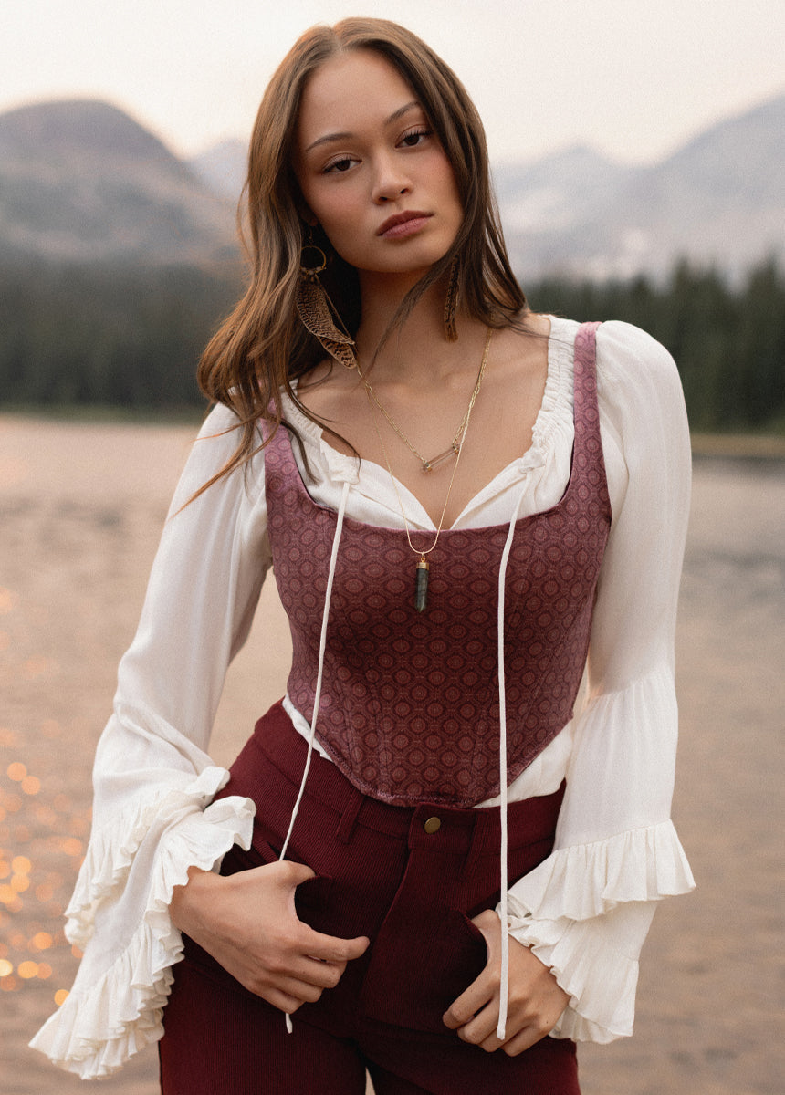 Journee Corset Top in Oxblood Medallion