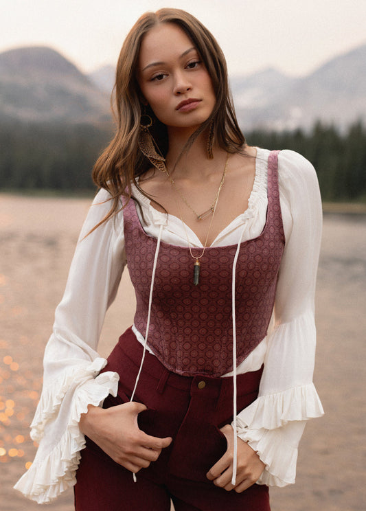 Journee Corset Top in Oxblood Medallion