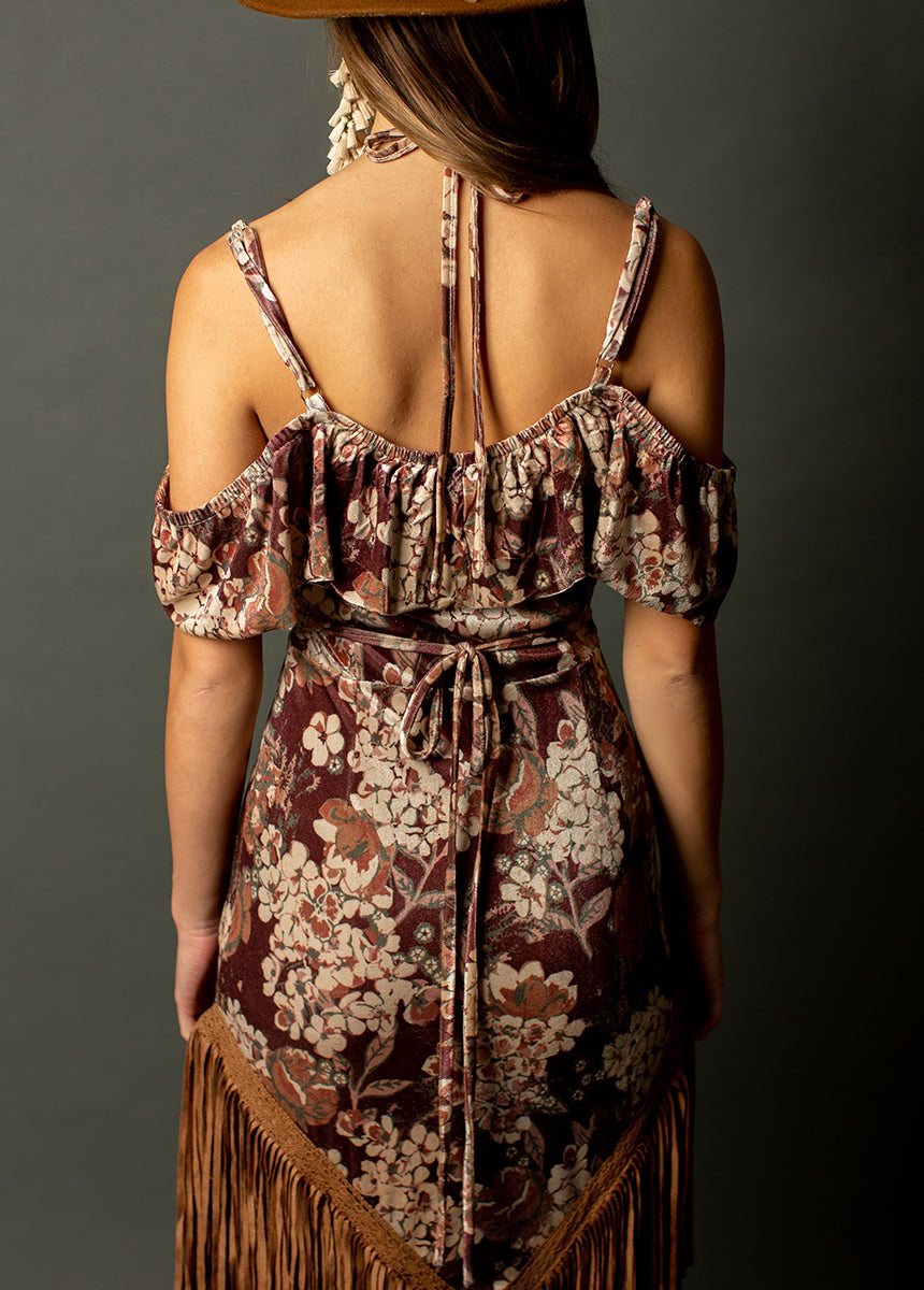 Klara Fringe Dress in Burgundy Floral