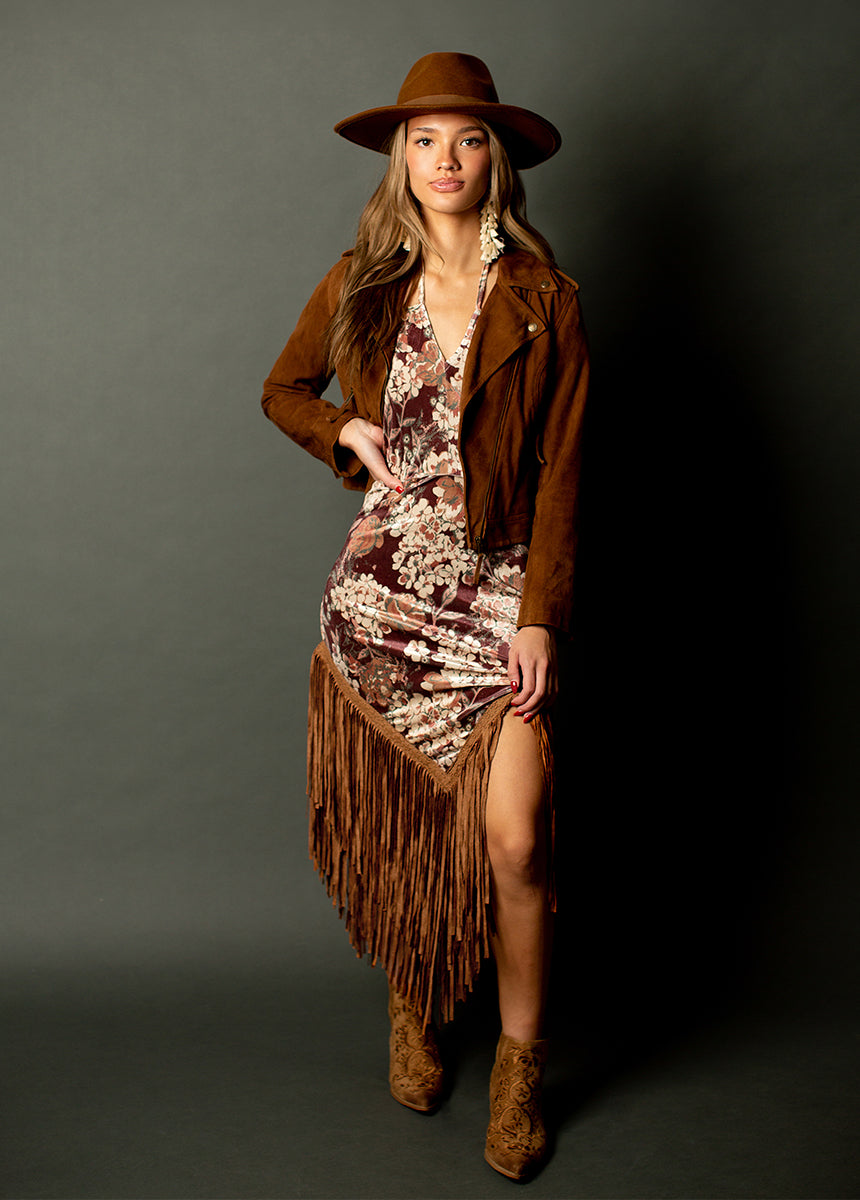 Klara Fringe Dress in Burgundy Floral