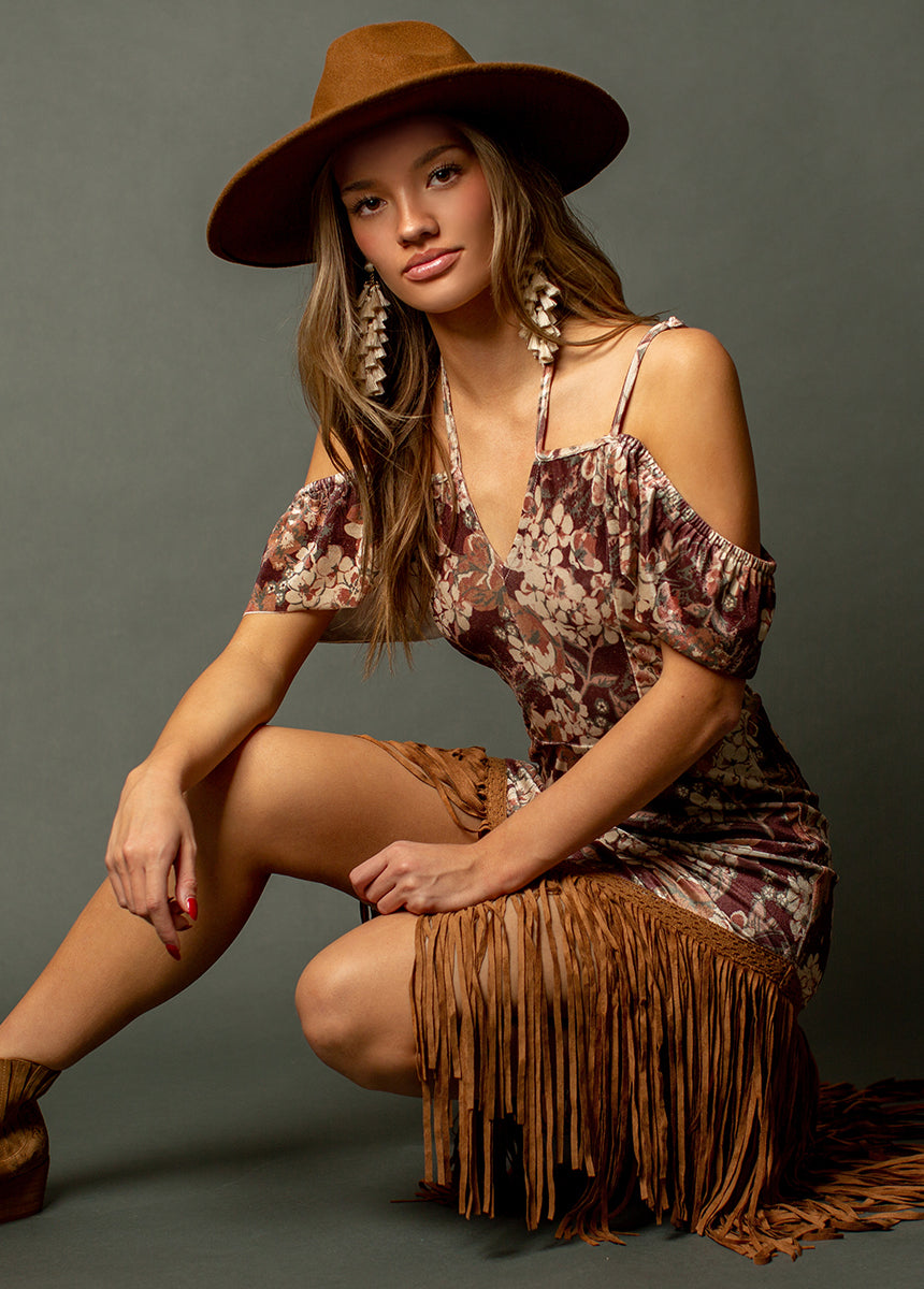 Klara Fringe Dress in Burgundy Floral
