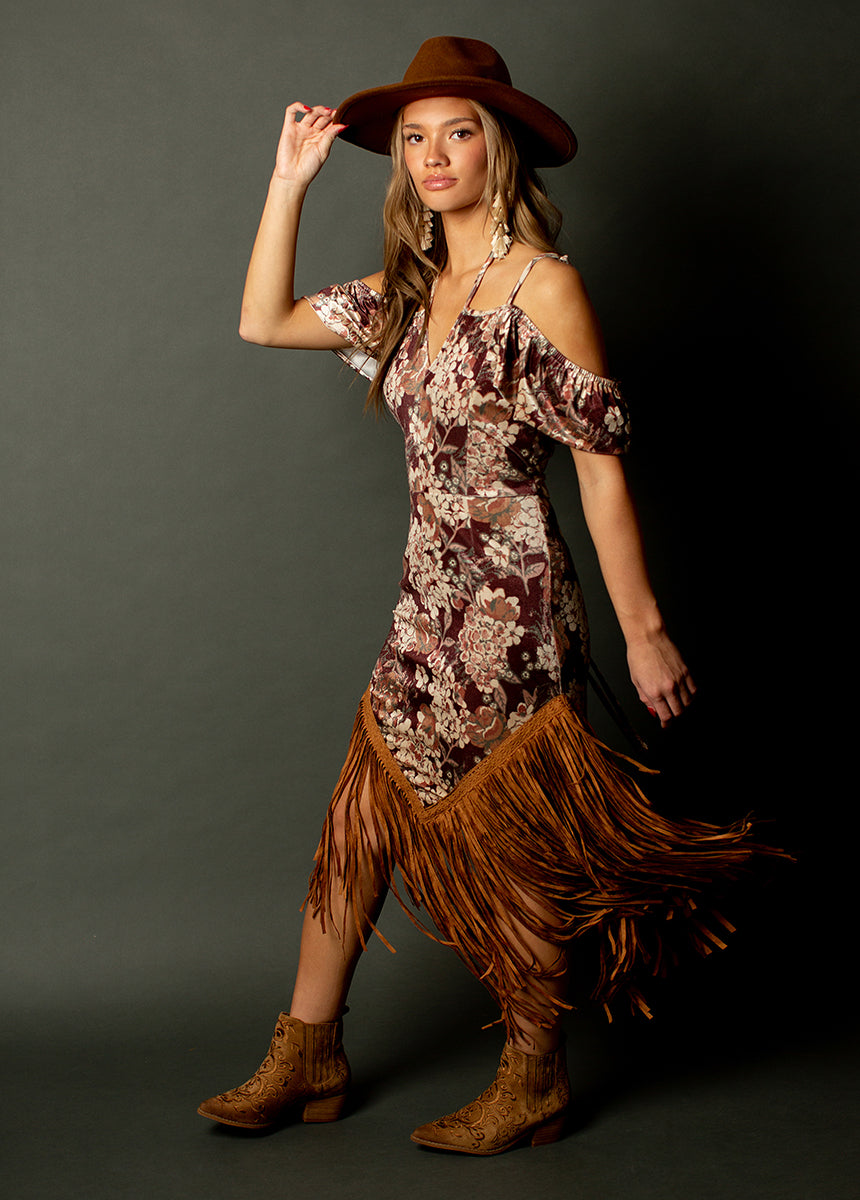 Klara Fringe Dress in Burgundy Floral