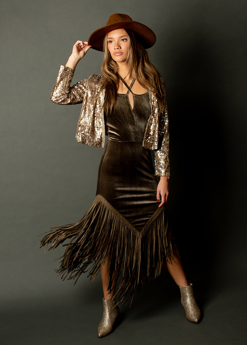 Klara Fringe Dress in Gray Green