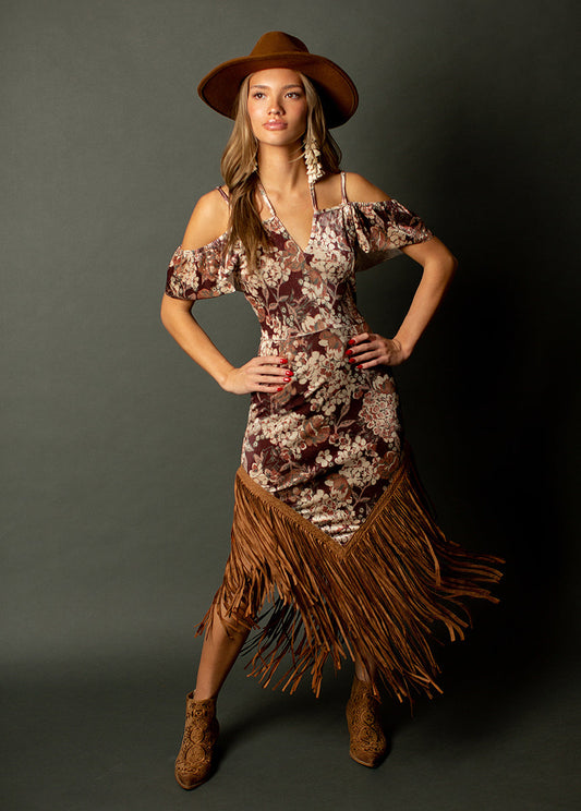 Klara Fringe Dress in Burgundy Floral