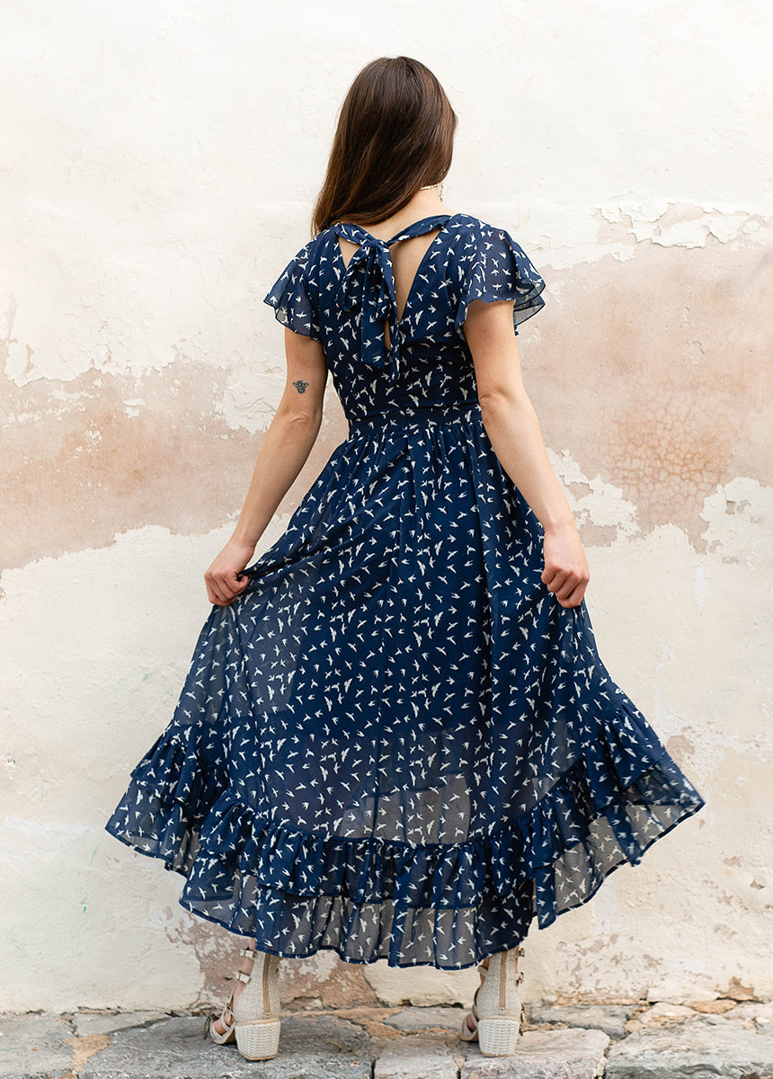 Mia Dress in Navy Bird Print