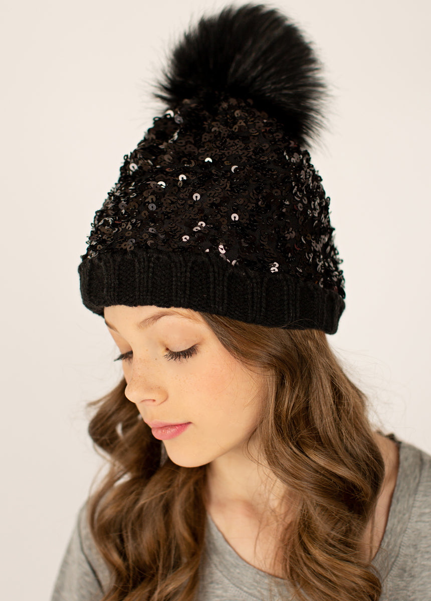 Chloe Sequins Beanie in Black